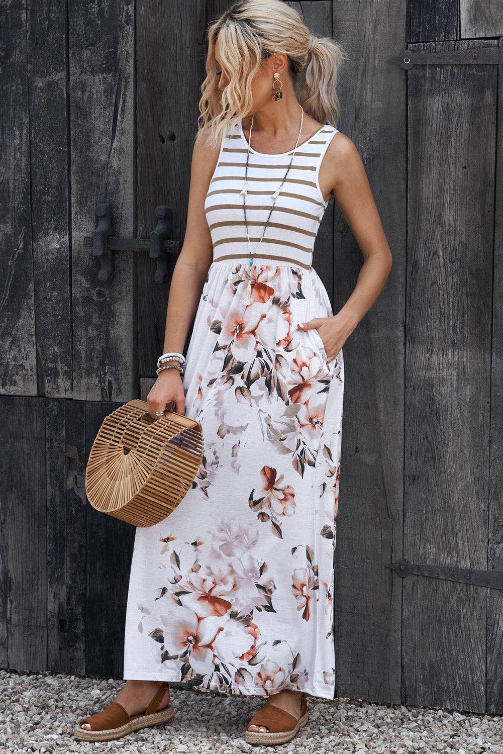 White Striped Floral Print Sleeveless Maxi Dress with Pocket for wholesale on Faire4
