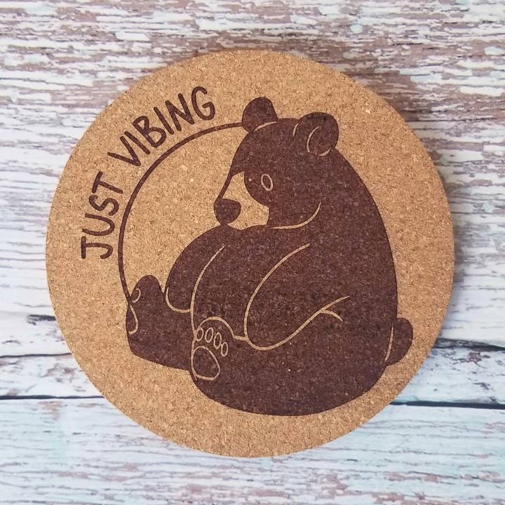 Just Vibing Black Bear Cork Coaster for wholesale by Jade Raven Arts