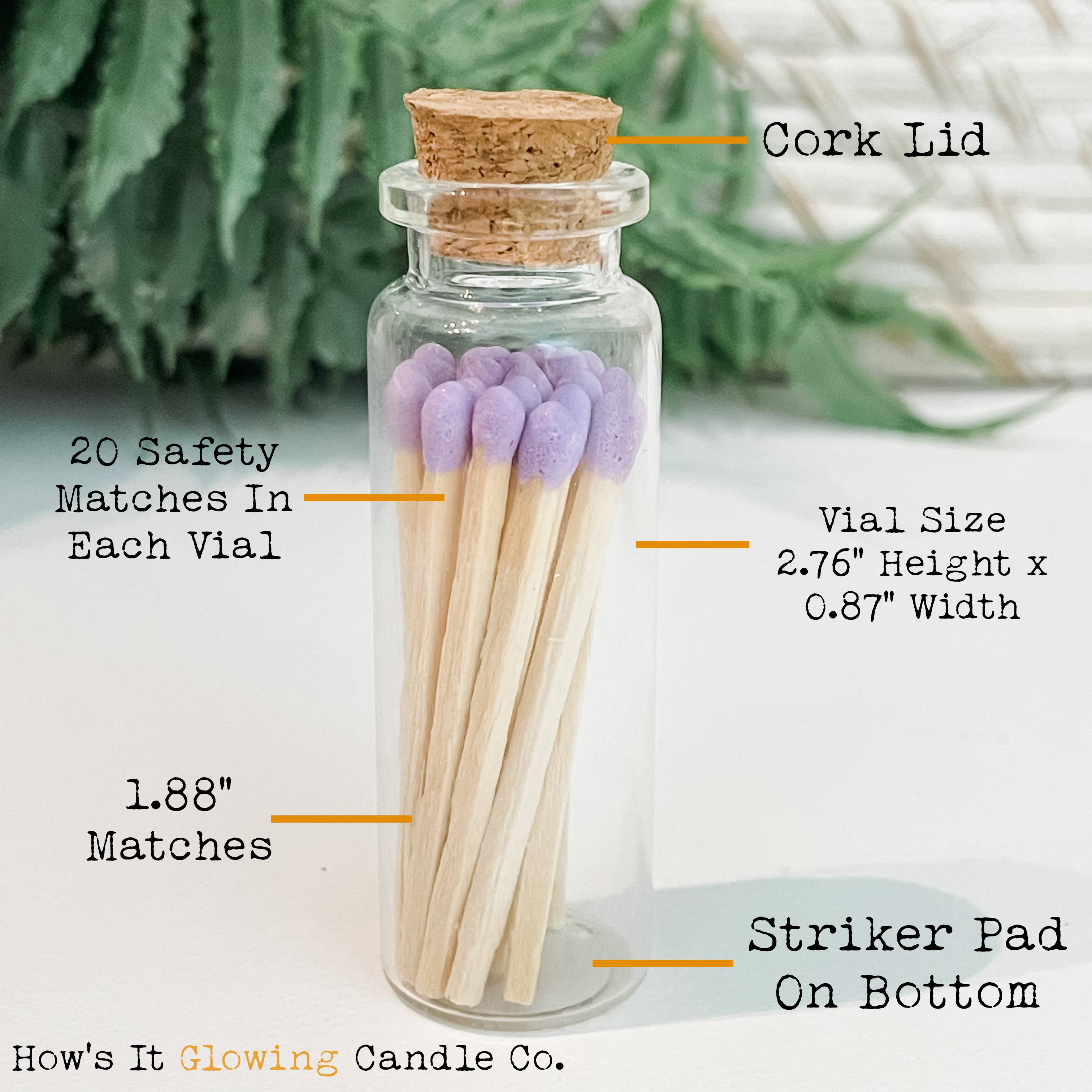 How's It Glowing Candle Co. - Wholesale Matches - Apothecary Vial Safety Matches & Striker | Glass w Cork Lid1