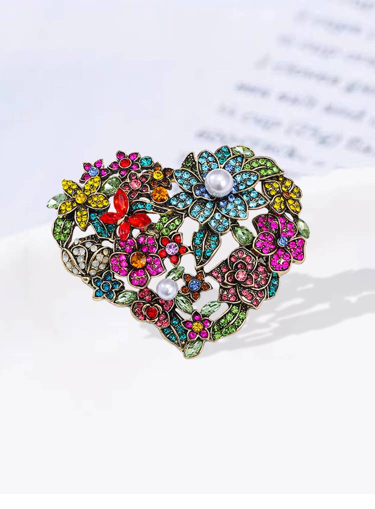 Heart Vintage Colorful Rhinestone Floral Brooch for wholesale on Faire1