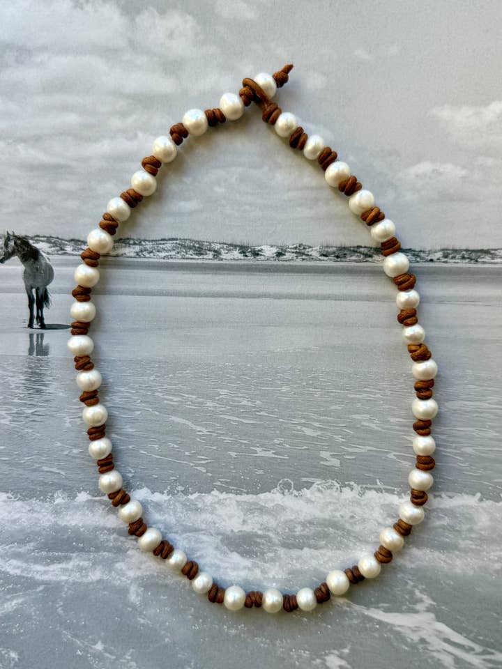 Leather Pearl Necklace- off white for wholesale by Cactus Rose Studios
