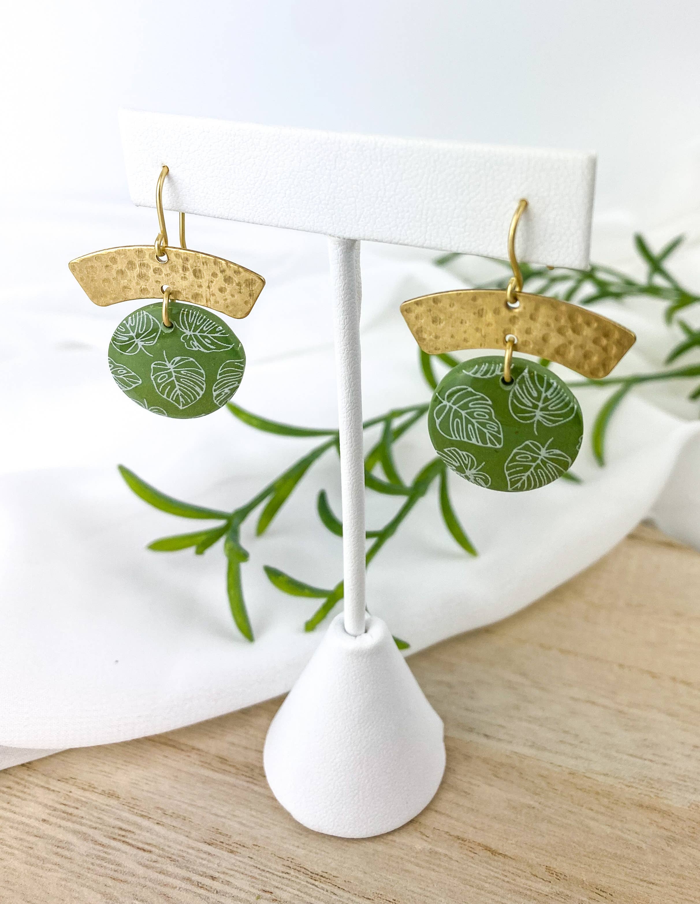 Light Shine - Wholesale Dangle Earrings - Monstera Leaf Dangle Earring | Green Spring Clay Drop |Plant24