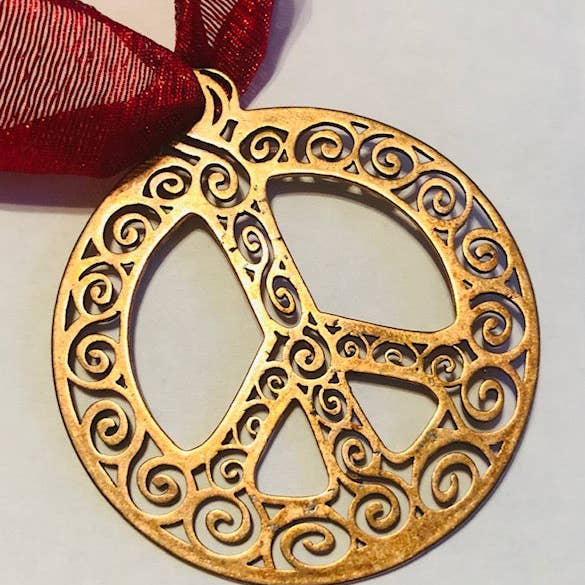 Filigran Peace Bronze Peace Symbol Ornament med Bånd for engroshandel hos From War to Peace