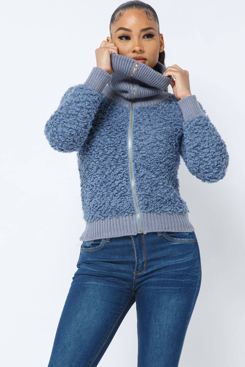 Dusty Blue Long Sleeve Shaggy Jacket With Front Zipper for wholesale on Faire