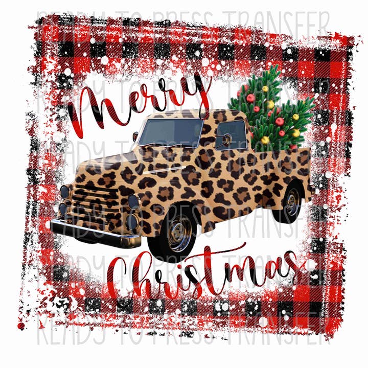 Ancien camion Leopard et sapin Joyeux Noël - Transfert par sublimation de Noël T152 pour la vente par BreezePrintCo