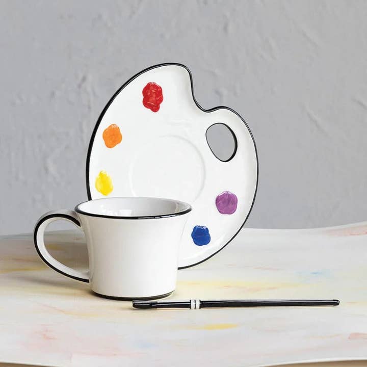 Ceramic Artist Cup, Palette Saucer & Stirring Brush for wholesale by willowwolfe