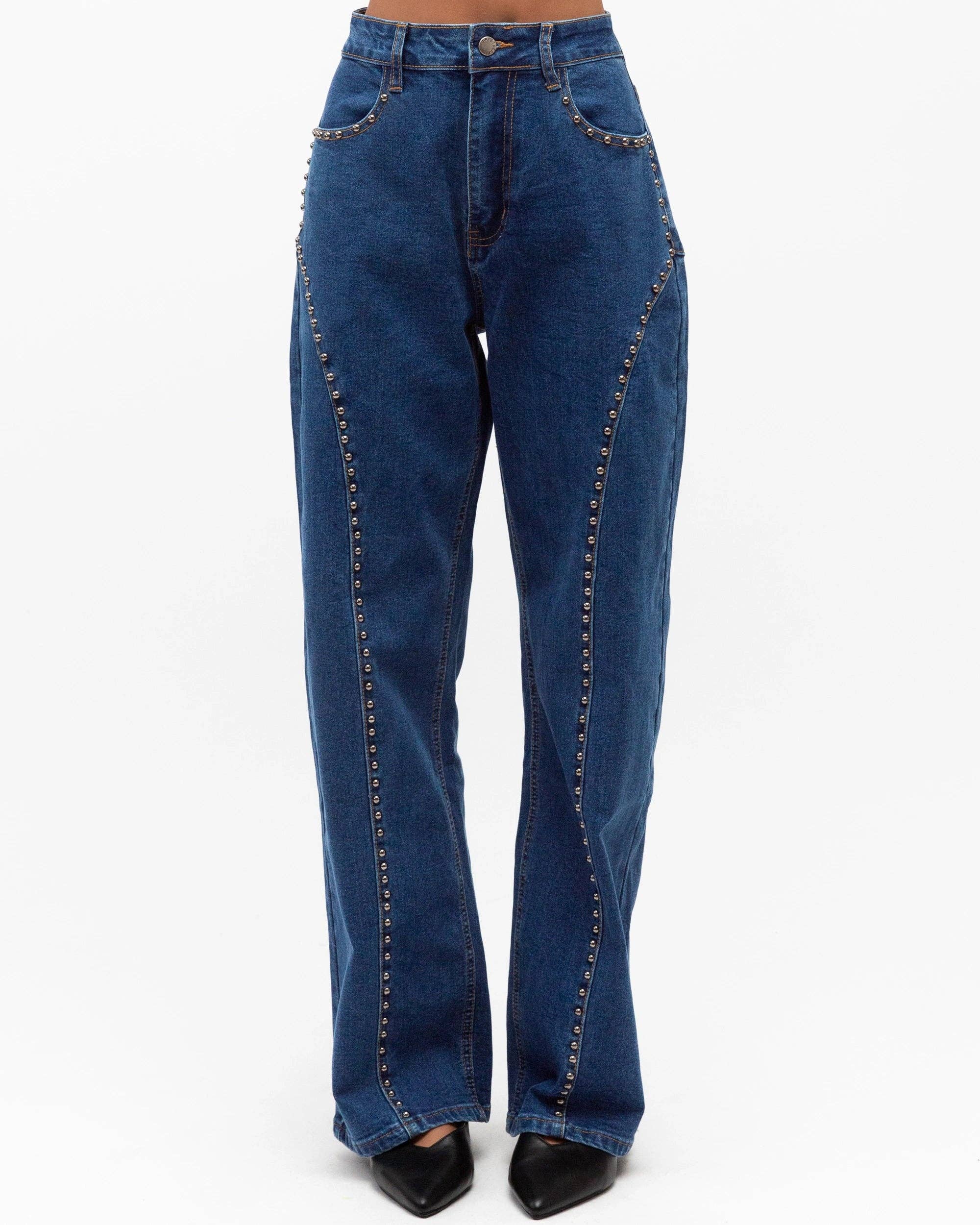 Global Fashion House - Wholesale Jeans - Women's - CONTRASTING STUDS DENIM PANTS6