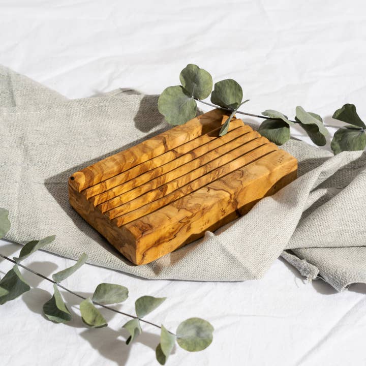GHARYAN Stoneware & Olive Wood Tableware | Canada - Wholesale Bath soap dish - Natural Olive Wood Soap Dish - Stripes | Handcrafted3