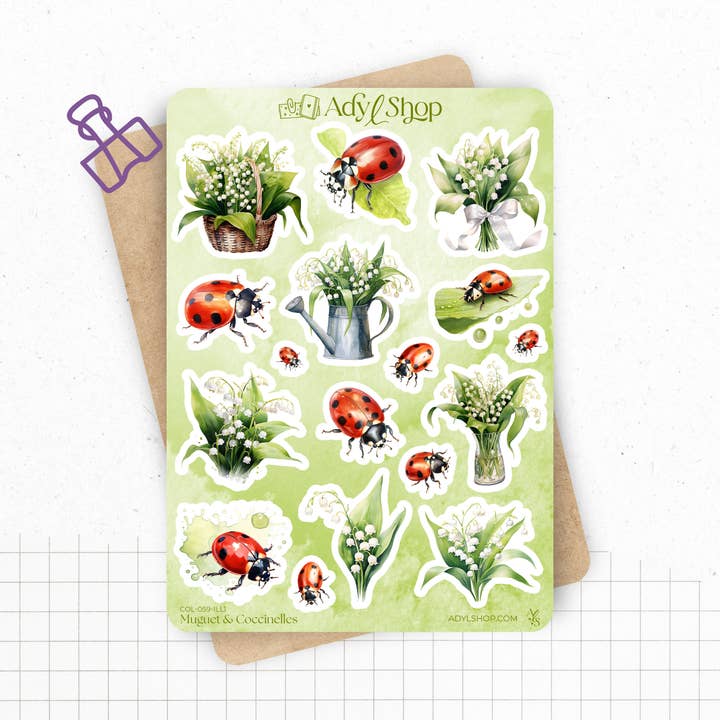 Folhas de autocolantes "Lírios-do-vale & Joaninhas" - Primavera por atacado de AdyLShop