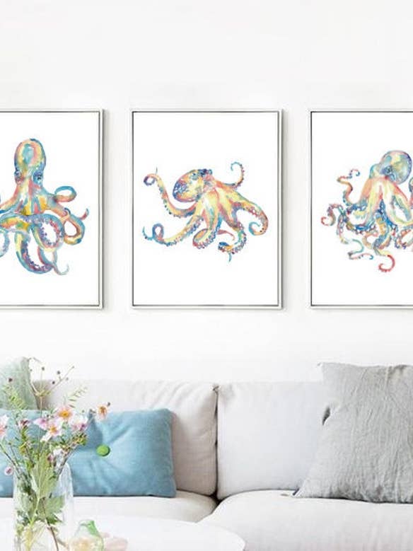 Set mit 3 Tintenfisch-Aquarell-Gemälden für den Großhandel von Goodfairyart