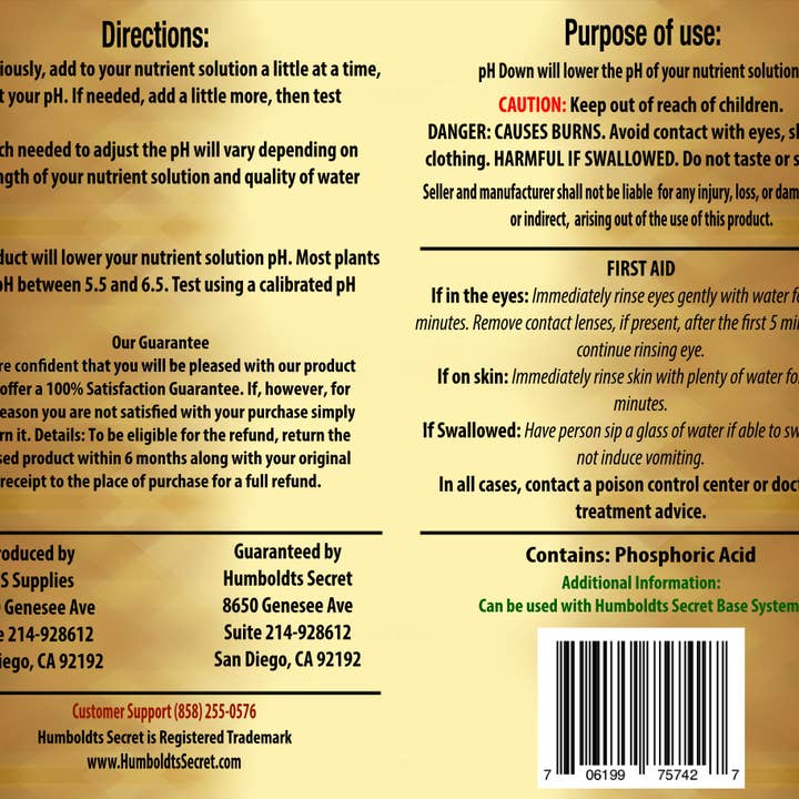 Humboldts Secret Supplies - Wholesale Fertilizer - PH Down8