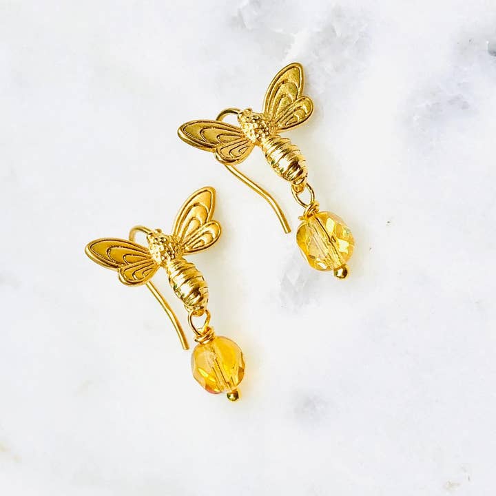 Bee earrings, Gold Czech Bead, Drop, Dangle for wholesale by ShellyCakes