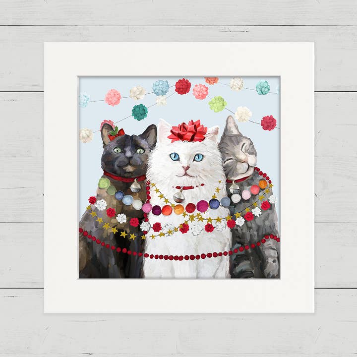 Cathy Walters Art - Wholesale Art Print - Festive Cat Trio Happy Square