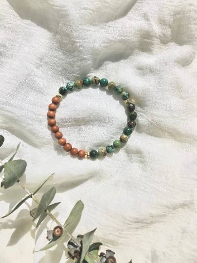 African Turquoise Gemstone, Sandalwood and Brass Bracelet for wholesale by Peace Within Co.