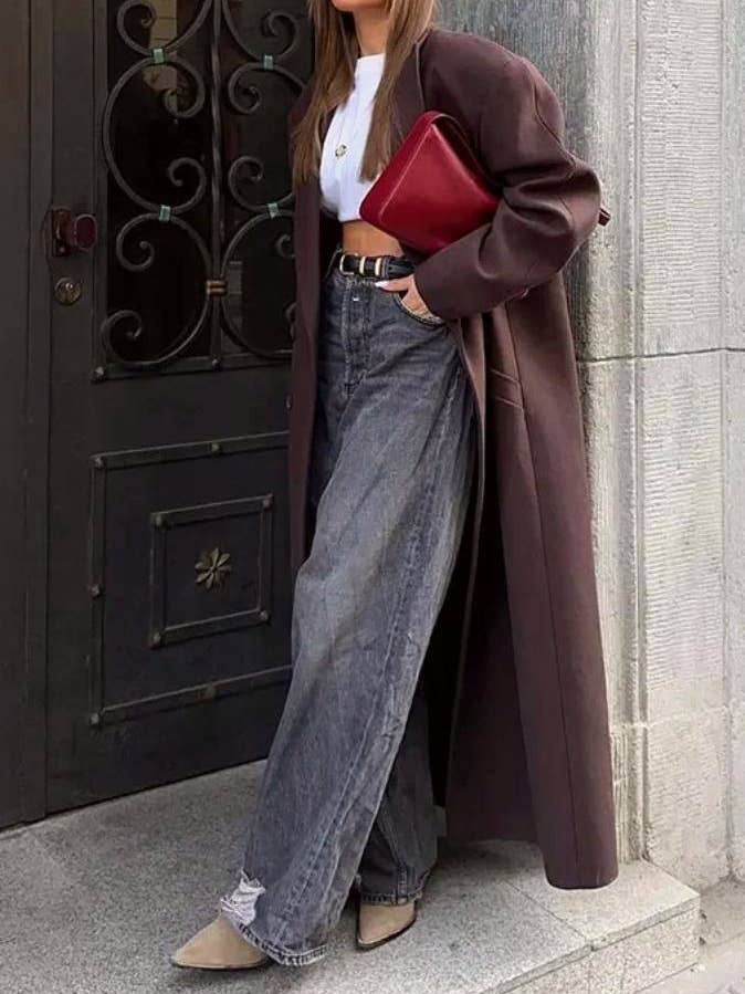 Coffee Commuter padded shoulder lapel tweed trench coat overcoat for wholesale on Faire2