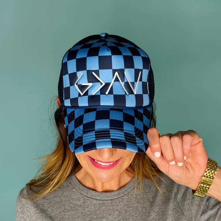 Poppy & Pine - Wholesale Trucker Hat - Women's - God is Greater Than Highs and Lows Checkered Trucker Hat