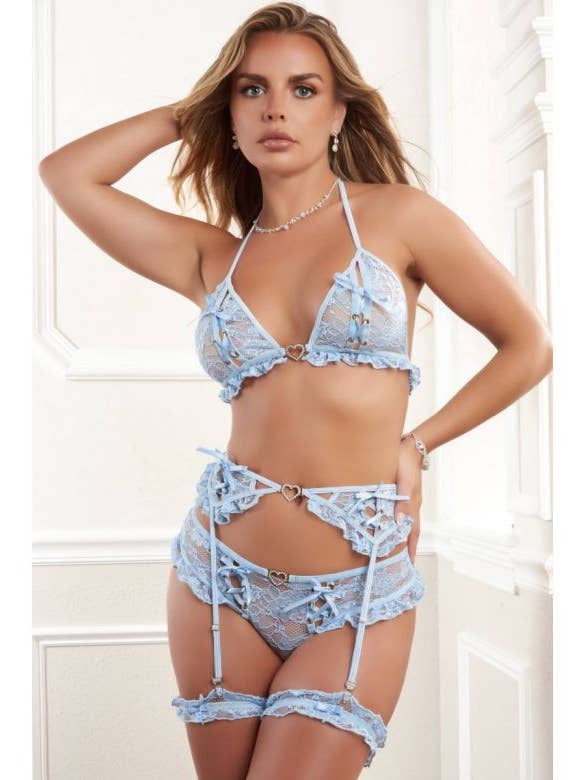 G World 4pc Lace Up Bra, Garter Belt, Panty & Garters OH2551-SB for wholesale by Lingerie Mart