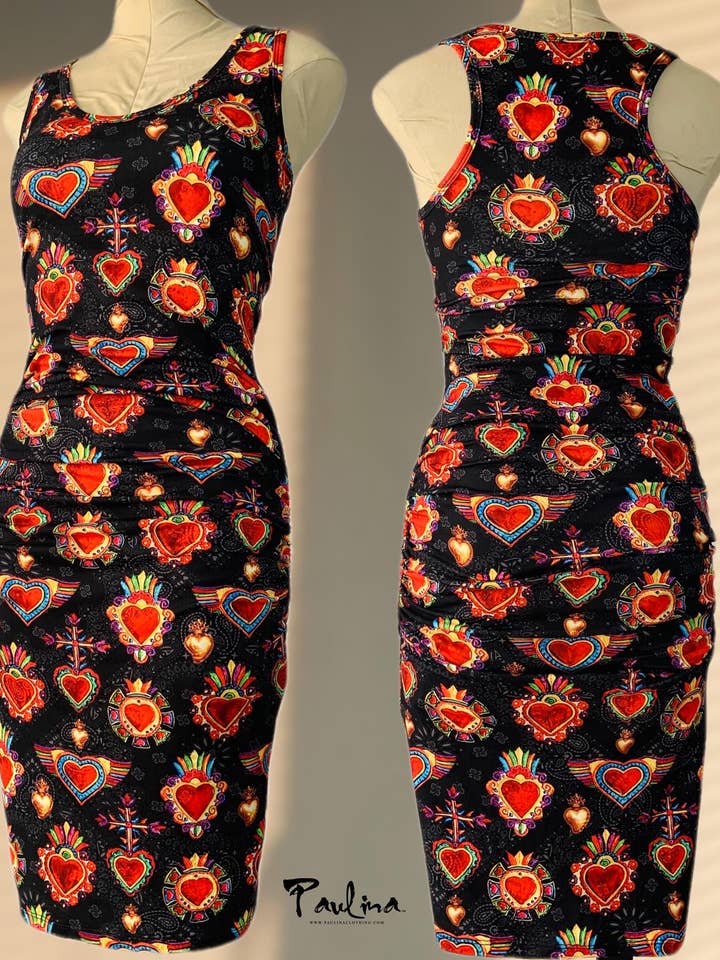 Sacred Heart Ruched Bodycon Mexican Dress by Paulina for wholesale by Paulina Clothing