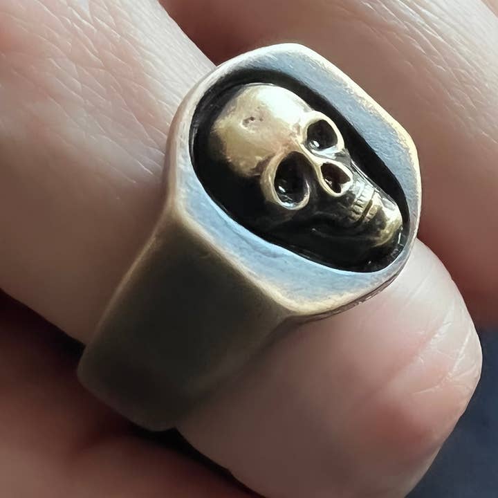 Skull Signet Ring – Chunky Bronze and Brass Ring – Gothic Skull Jewelry – Handmade Statement Ring – Unisex Signet – Bronze Skull Ring for wholesale by Metal Cloth & Wood