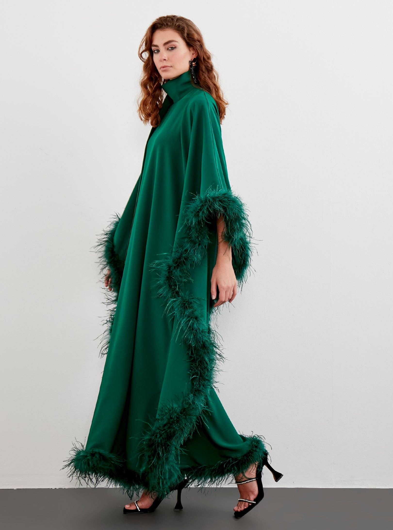Store WF – wholesale Kaftan – Women's – Feather Trimmed Emerald Kaftan Dress5