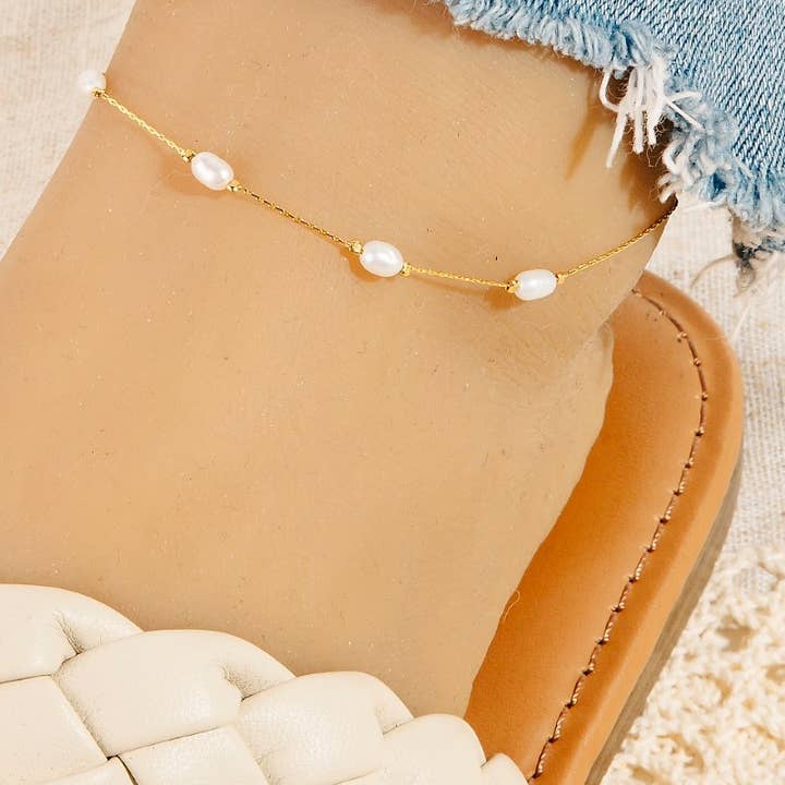 Fame Accessories – wholesale Anklet – Pearl Beads Station Chain Anklet0
