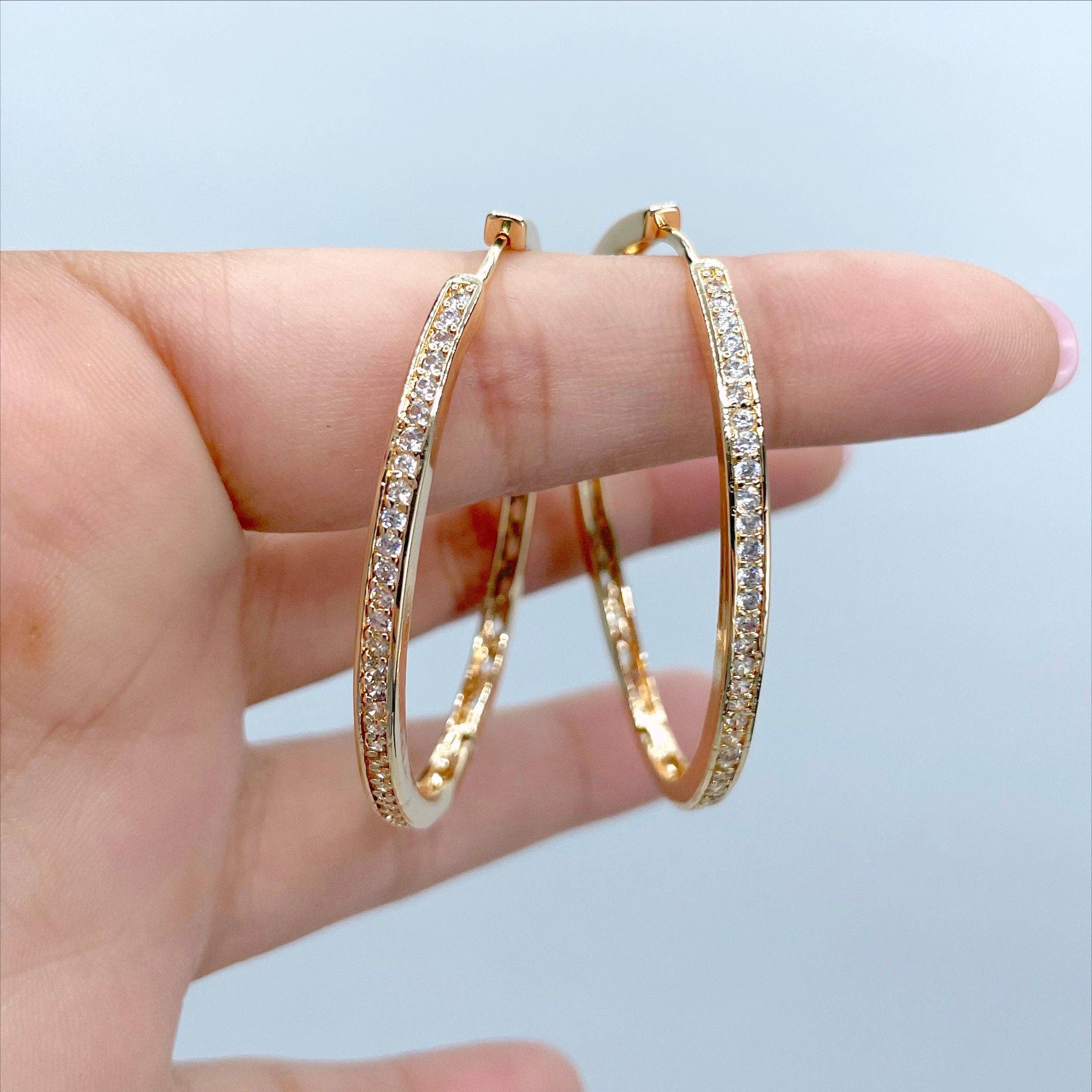 DIJU Jewelry - Vente Créoles - Créoles de 37 mm remplies d'or 18 carats avec micropavés, fermeture éclair cubique1