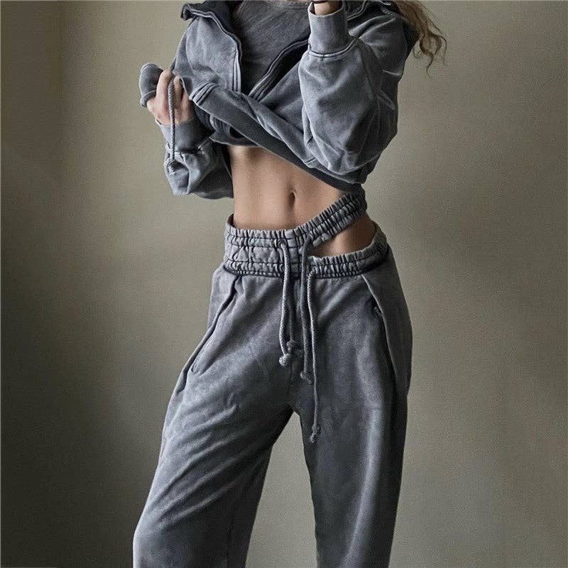 FurDecoration - Wholesale Lounge Set - Women's - Solid Color Low Waist Long Pants Hoodie Set1