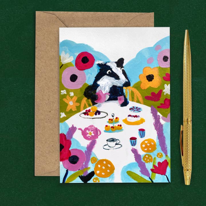 Biglietto di auguri Badgers Tea Party | Ecologico | Prodotto nel Regno Unito per la vendita all'ingrosso da parte di Growing Wilder