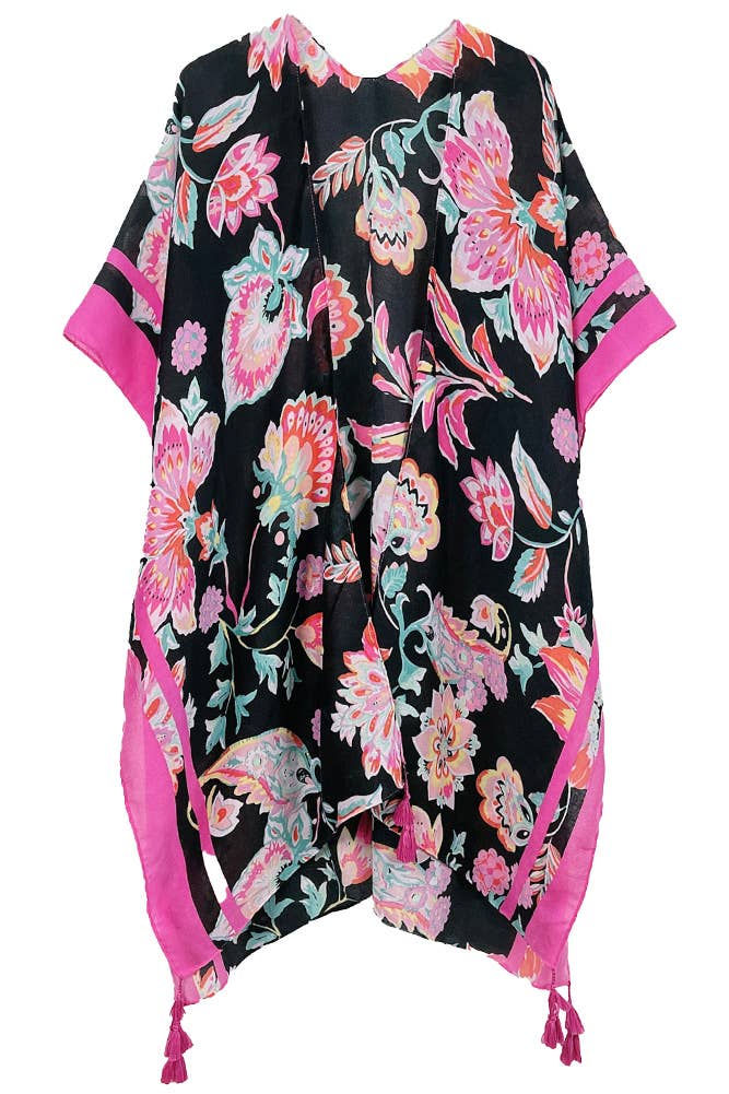 Hana - Wholesale Kimono - Women's - Floral Print Stripe Edge Tassel Summer Kimono7