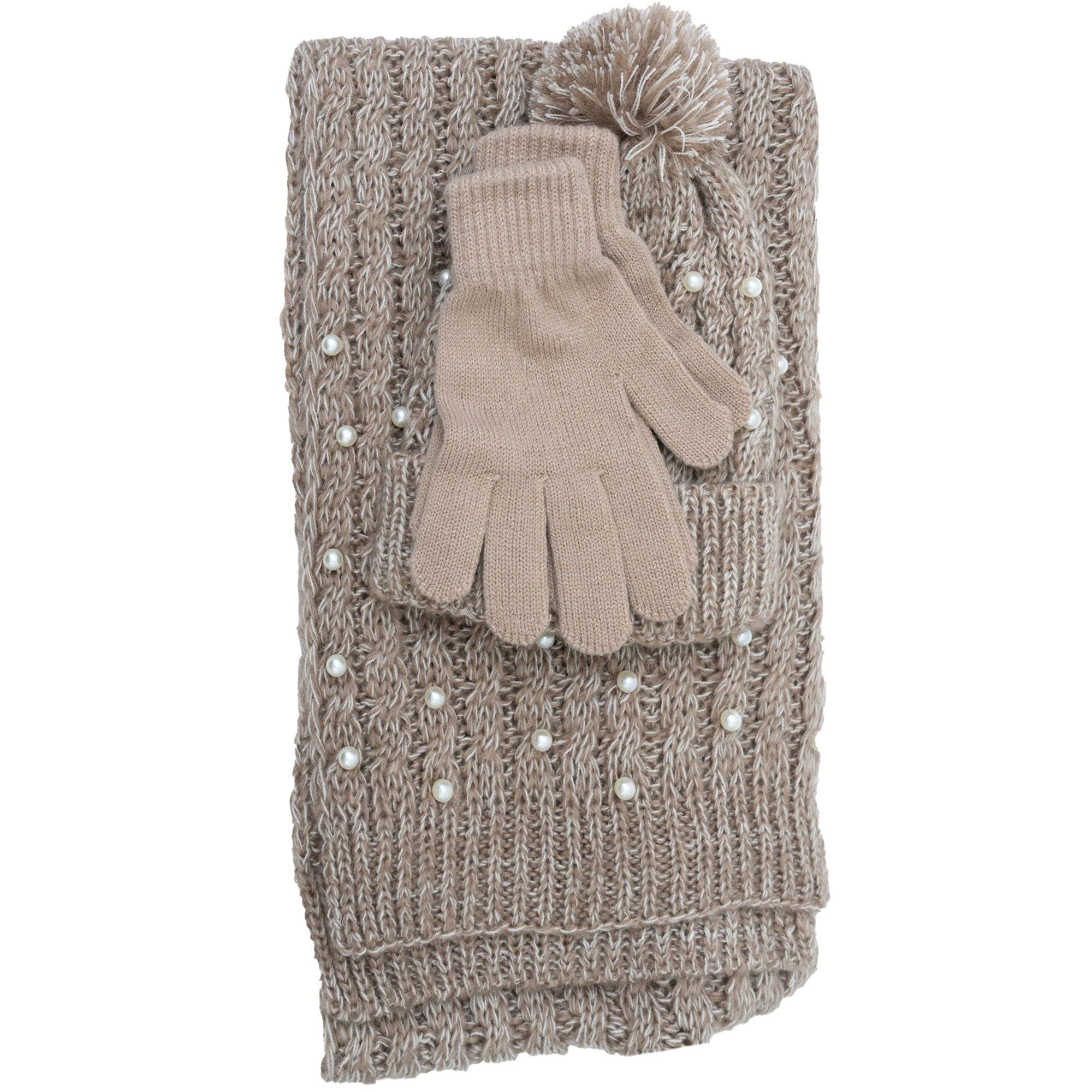 TAUPE Just Jamie 3-Piece Marled Knit Hat, Scarf, and Gloves Set with Pearls for wholesale on Faire6