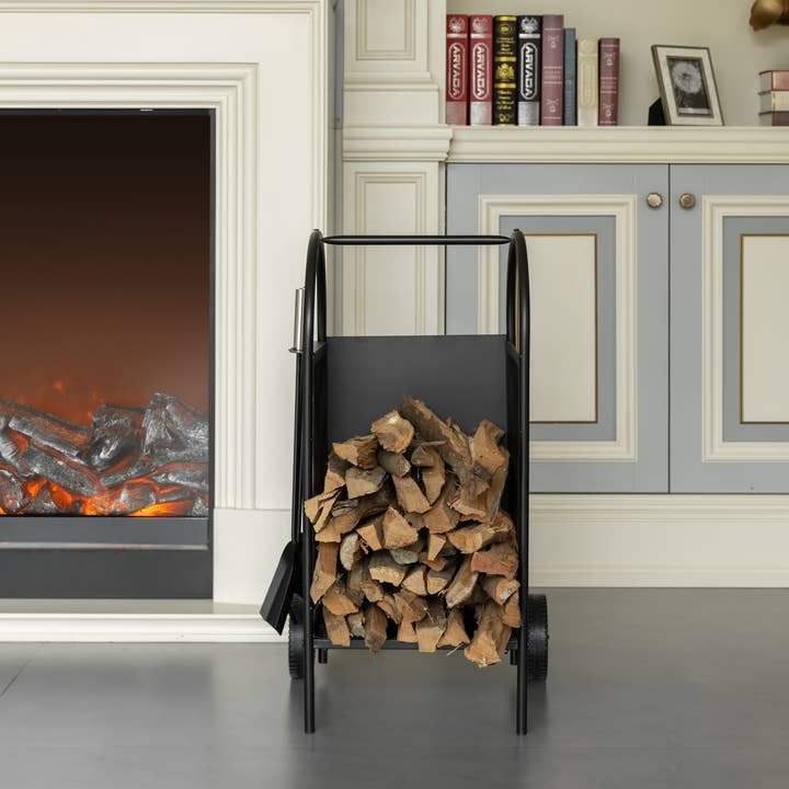 Quickway Imports - Wholesale Fire Pit - Indoor and Outdoor Patio Iron Firewood Log Cart with Wheels2