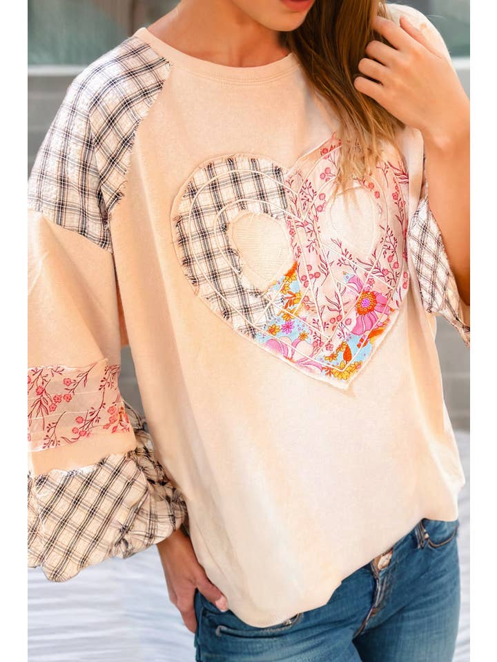 Little Daisy Closet - Wholesale Blouse - Women's - LDC Plaid Floral Patchwork Heart Shape Long Sleeve Top
