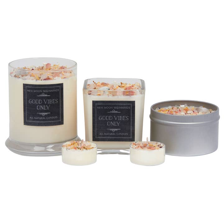 New Moon Beginnings - Wholesale Jar/Filled Candle - Good Vibes Only Candle - Herb, Flower, & Crystal Candles3