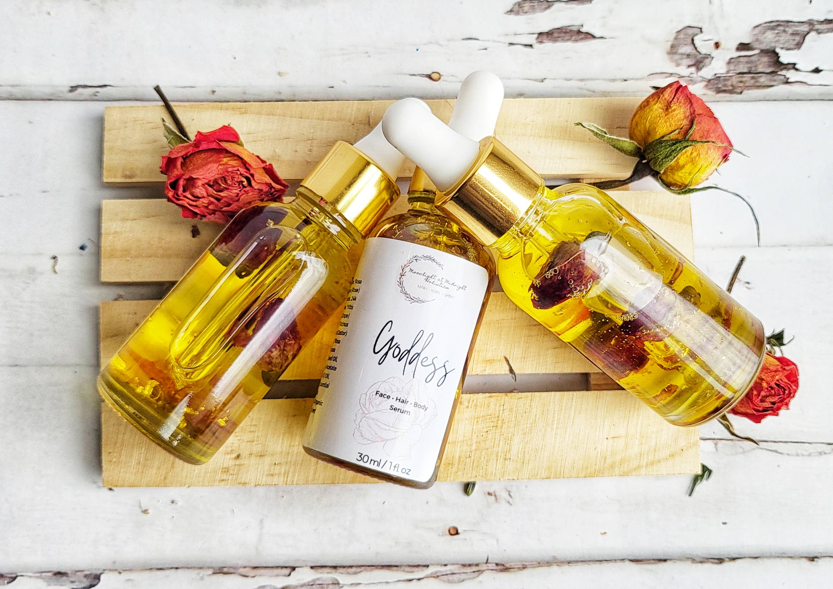 Moonlight at Midnight Holistics - Wholesale Facial Serum/Concentrate - The Goddess Organic 24K Gold & Rose Floral Face Oil Serum2