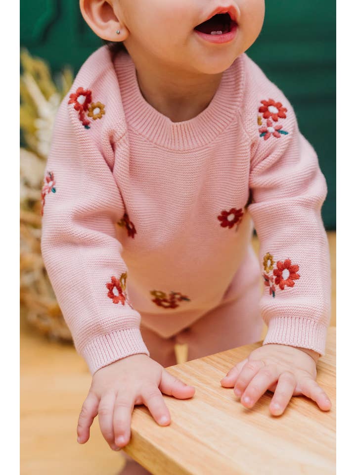 Blush Floral Bouquet Pink Organic Knit Baby Jumpsuit (Organic) for wholesale on Faire8