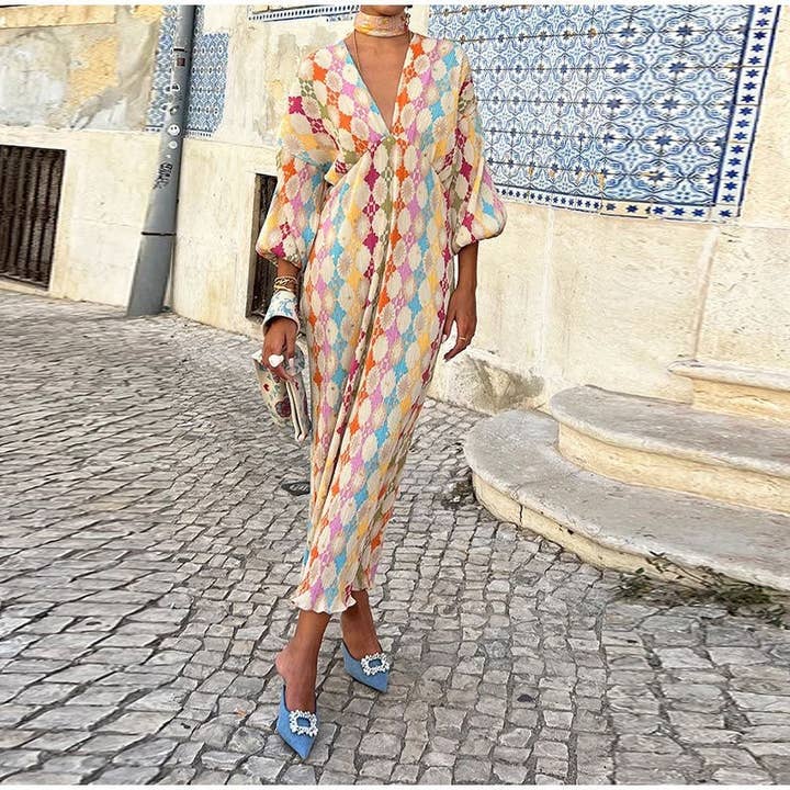 Vestido Maxi Retro com Decote em V Profundo e Manga Comprida por atacado de UZ Wholesale Store