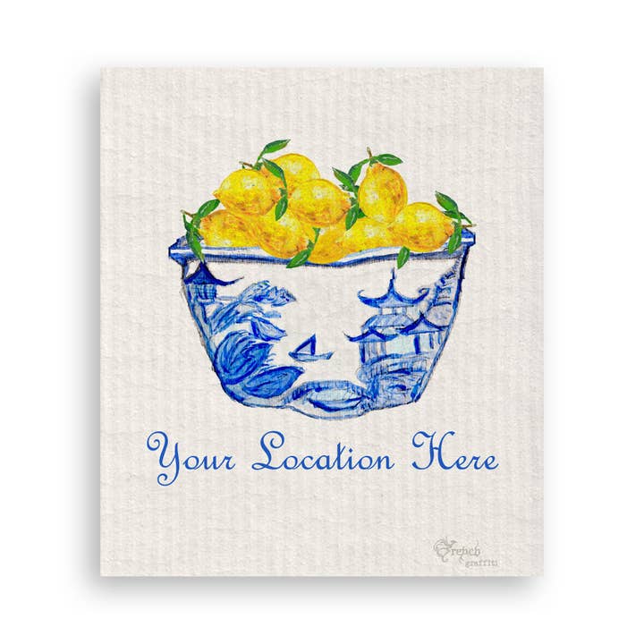 French Graffiti - Wholesale Tea Towel - Blue & White Bowl with Lemons and Location16