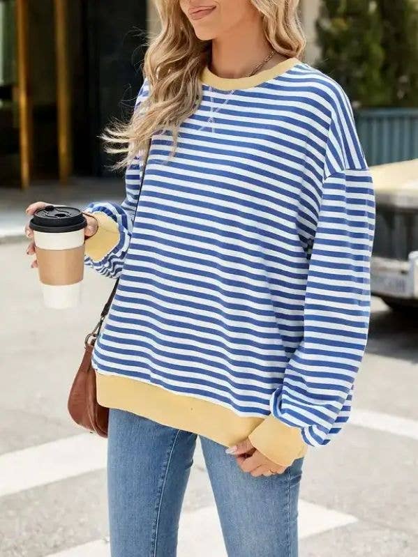 Blue and white stripes Colorblock Striped Crew Neck Sweater for Women for wholesale on Faire0