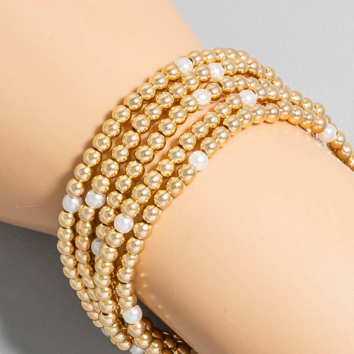 GCRM 5Pc Pearl And Metallic Beaded Bracelet Set for wholesale on Faire