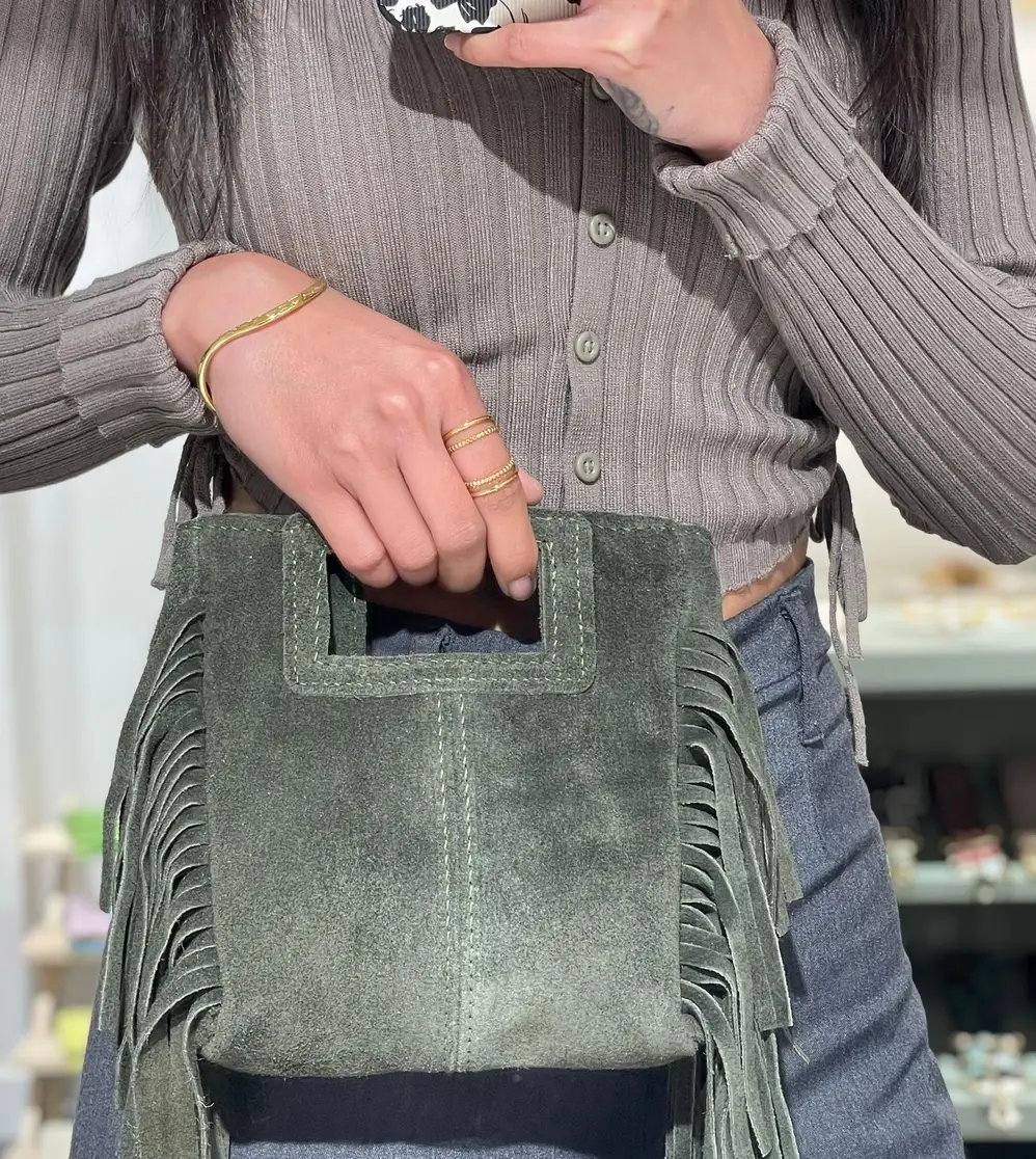 Cassette Barcelona - Wholesale Crossbody Bag - Women's - Mina Suede Leather Tassel Crossbody Bag Khaki Green2