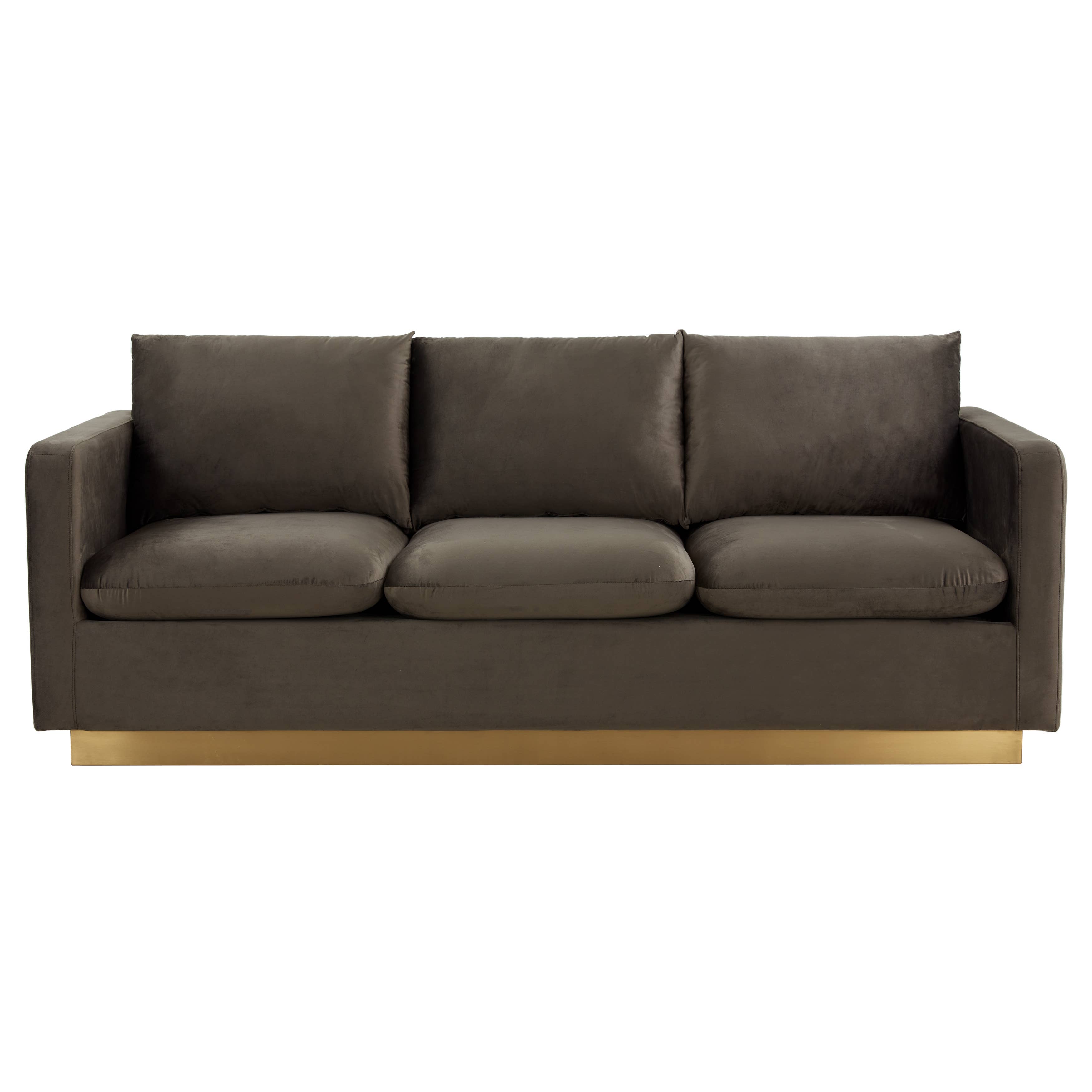 LeisureMod - Wholesale Sofa - Nervo 3-Seater Velvet/Leather Full Sofa with Gold Steel Base2