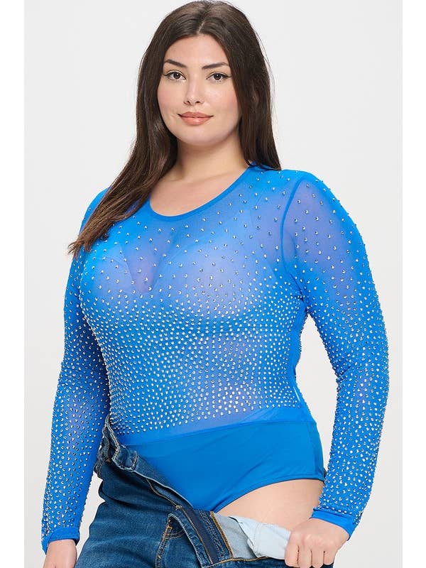Curve Market - Wholesale Bodysuit - Women's - PLUS SIZE RHINESTONE STUDDED MESH BODYSUIT8
