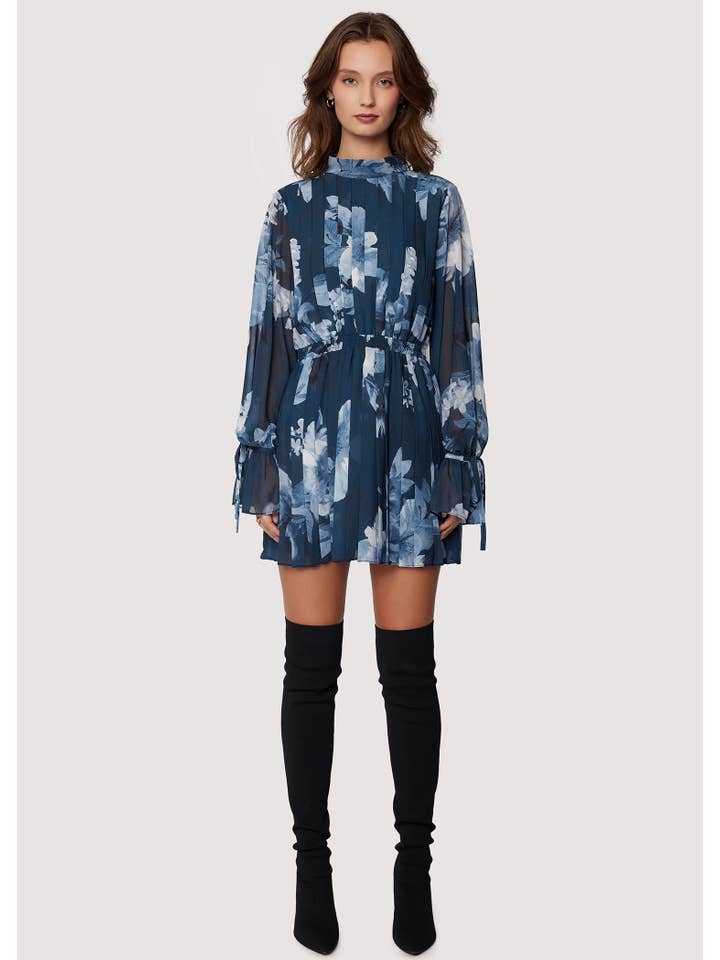 Josephine Mini Dress - Fall Blue/Grey Floral Pleat Long Slv for wholesale on Faire