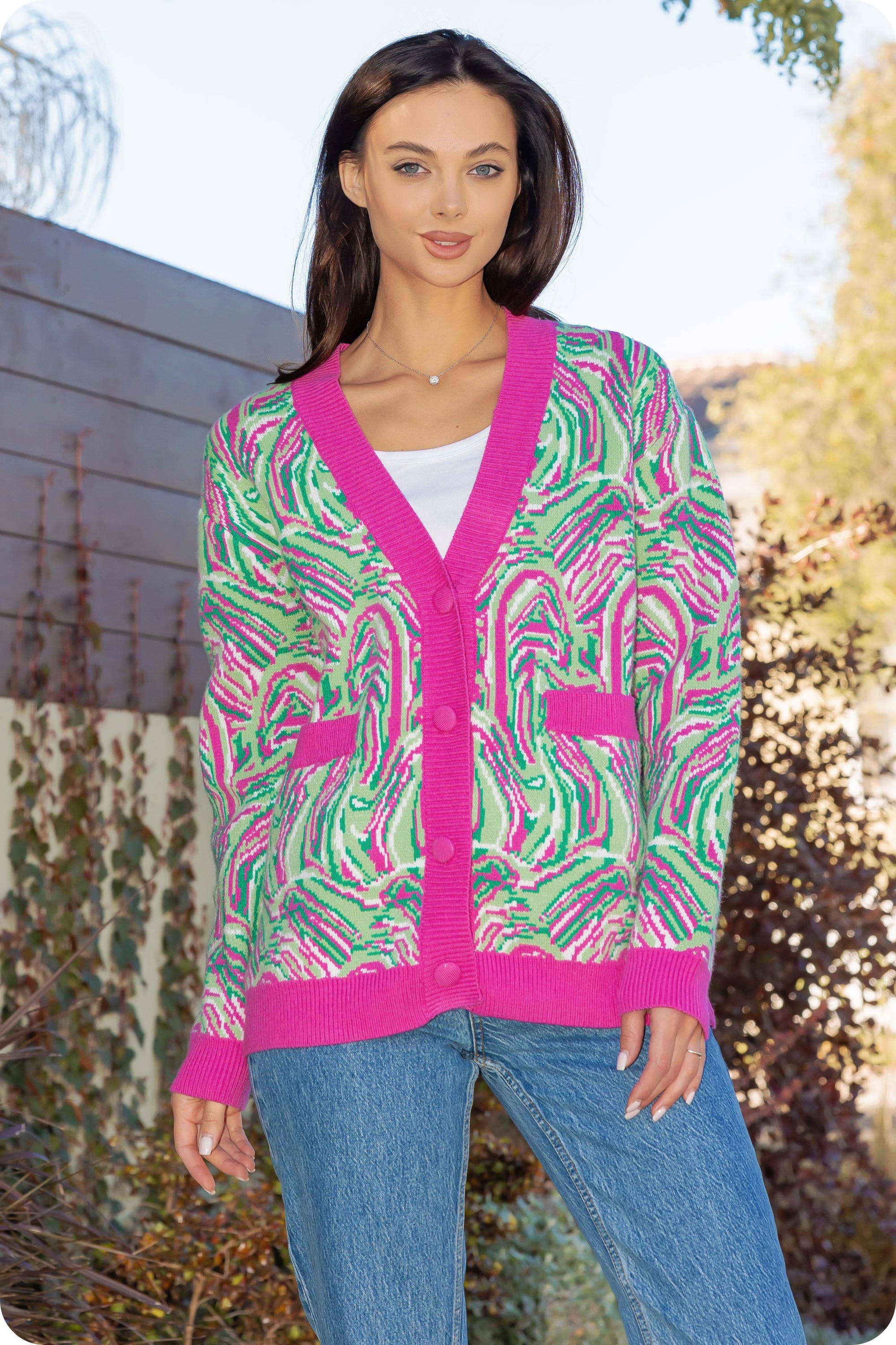 Rosa/Grön Multi Swirl Print Stickad Cardigan för wholesale på Faire14