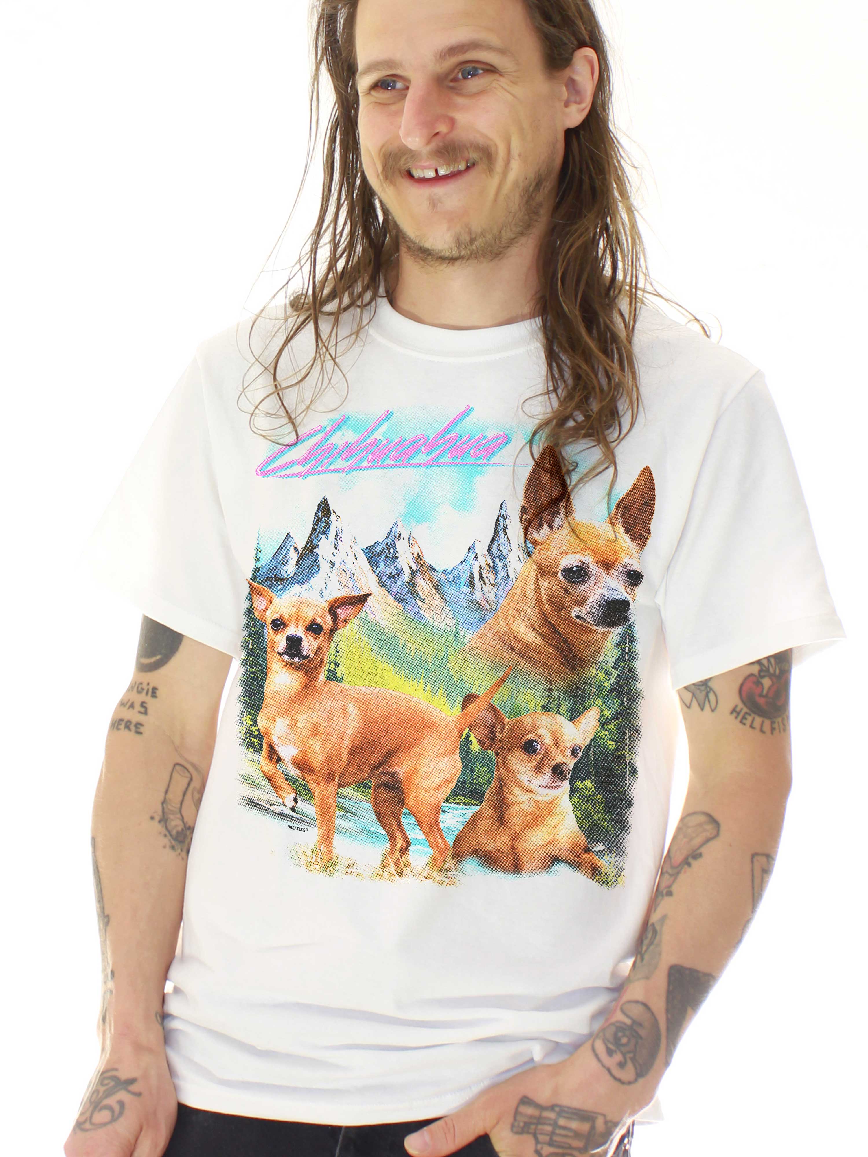 BabaTees - Wholesale T-Shirt (Graphic) - Unisex - Chihuahua White Tshirt for Men & Women 80s Painting0