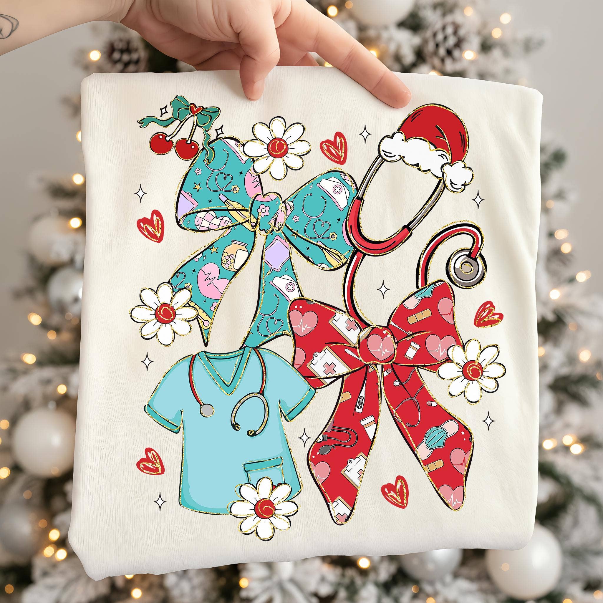 NVC Ecommerce LLC - Wholesale T-Shirt (Graphic) - Women's - Christmas Nurse Coquette Tee, Preppy Nurse Christmas Sweater0