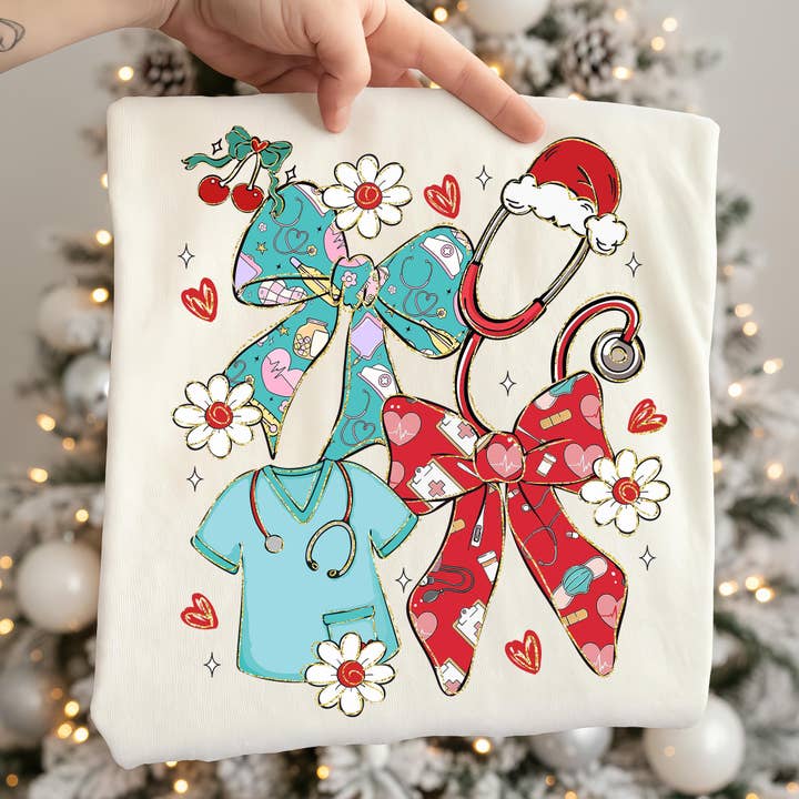 NVC Ecommerce LLC - Wholesale T-Shirt (Graphic) - Women's - Christmas Nurse Coquette Tee, Preppy Nurse Christmas Sweater