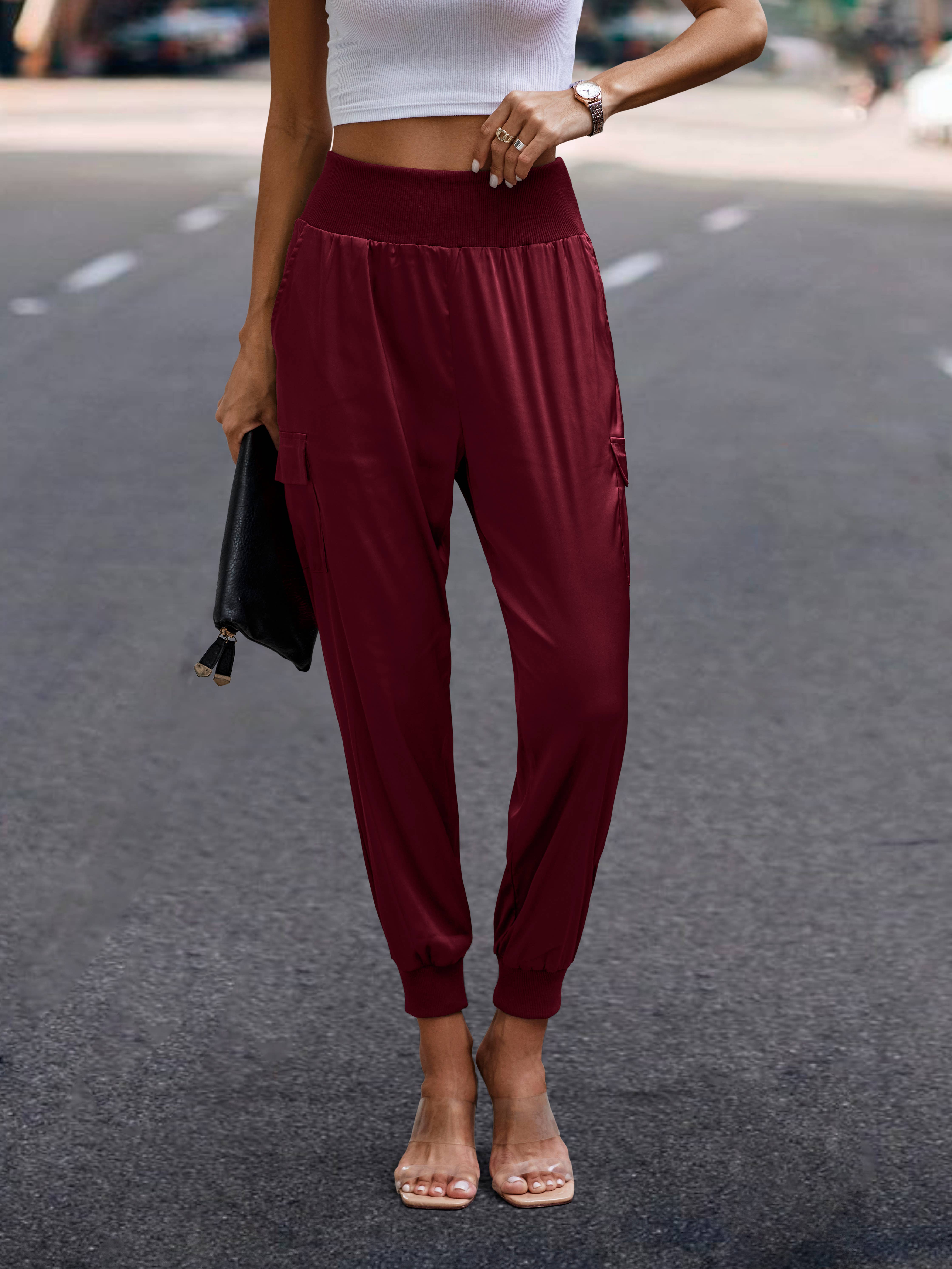 eLook - Wholesale Lounge Sweatpants/Joggers - Women's - SZ1-P0012 Satin Cargo Jogger with Ribbed Waist34