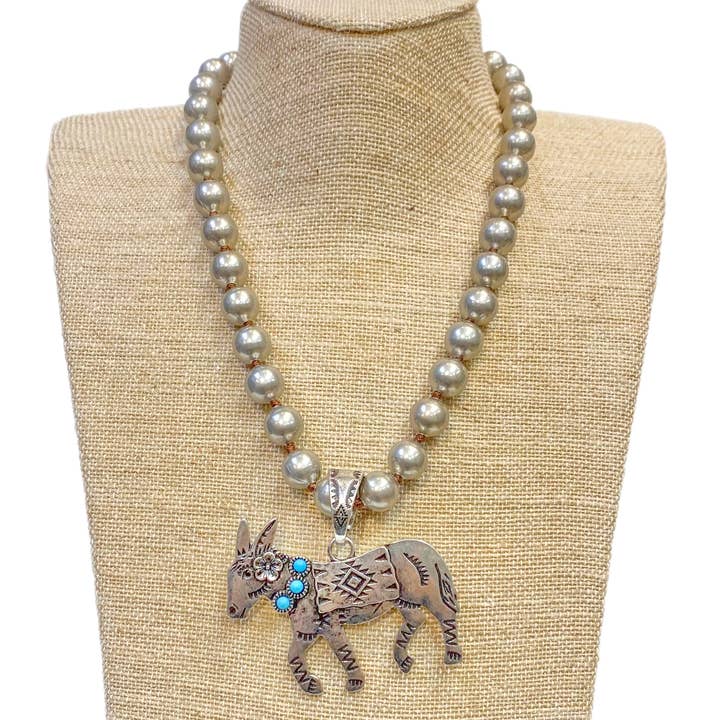 Accessories To Go - Wholesale Pendant/Charm Necklace - Donkey with Turquoise Pendant on Faux Navajo Pearl Necklace