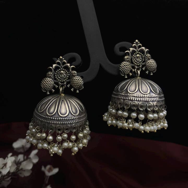 Quirky Fashions - Wholesale Dangle Earrings - Oxidized Silver Ganesha Pearl Jhumka Earrings